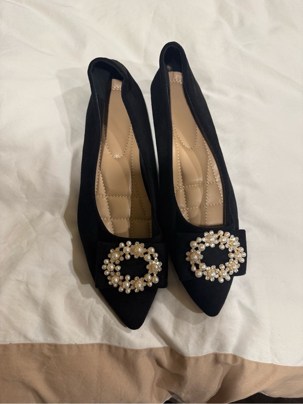 Black Pearl-Embellished Pointed Toe Flats with Bow Accent